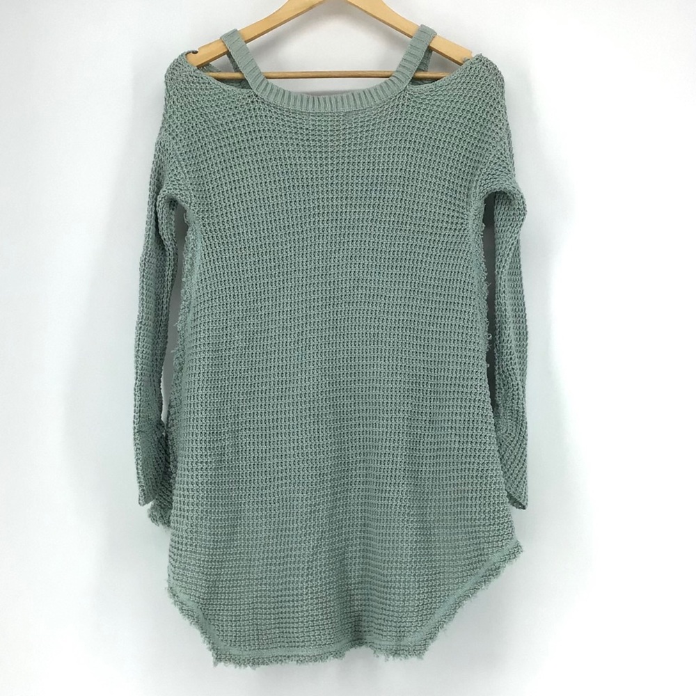Elan Waffle Mint V-Neck Cold Shoulder Sweater NWT - Picture 4 of 6